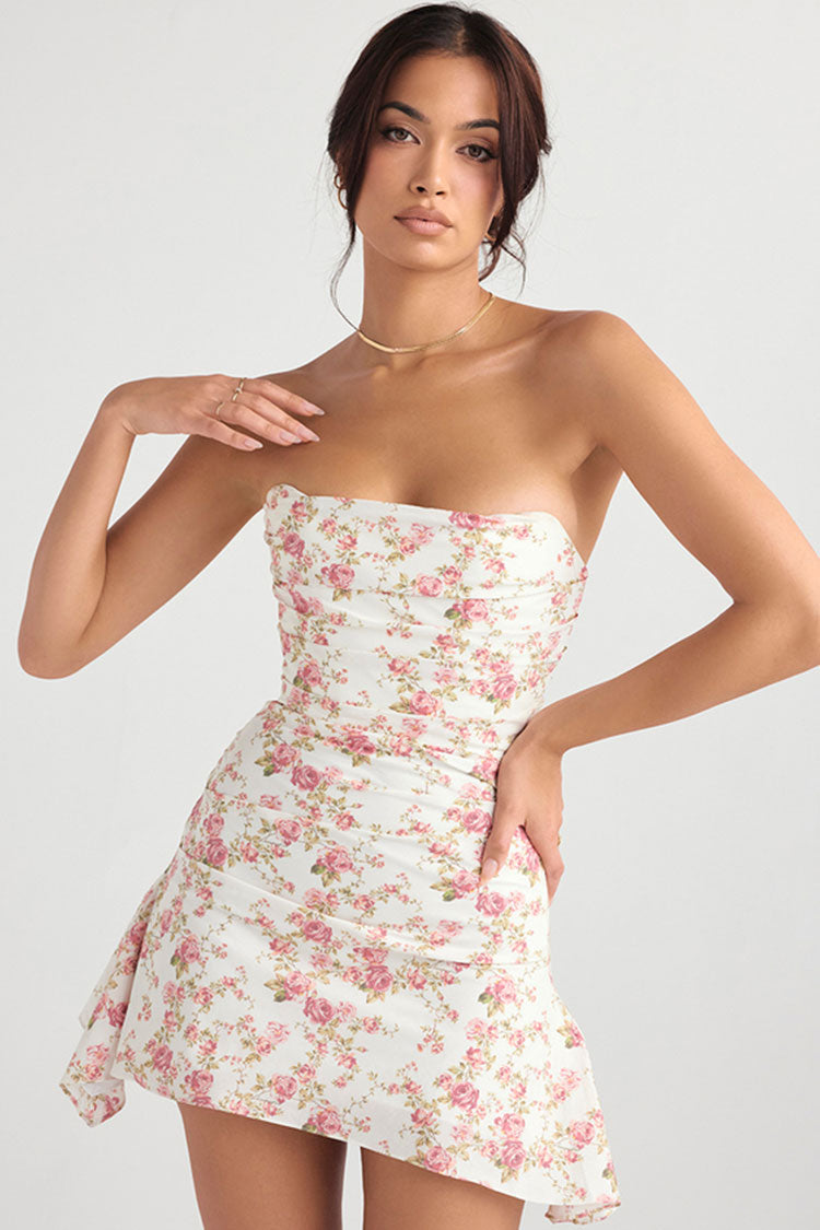 Women's Mini Dress Floral Satin Strapless Summer Cocktail