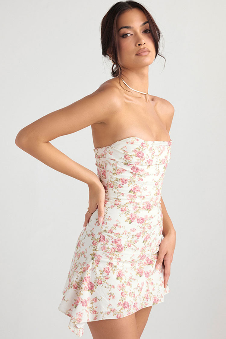 Women's Mini Dress Floral Satin Strapless Summer Cocktail