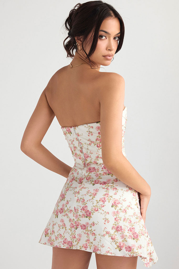 Women's Mini Dress Floral Satin Strapless Summer Cocktail