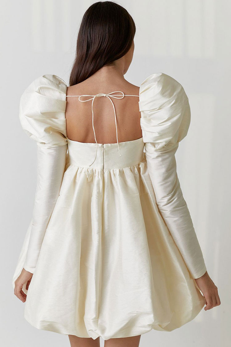 Women's Mini Dress Beige Satin Puff Sleeve