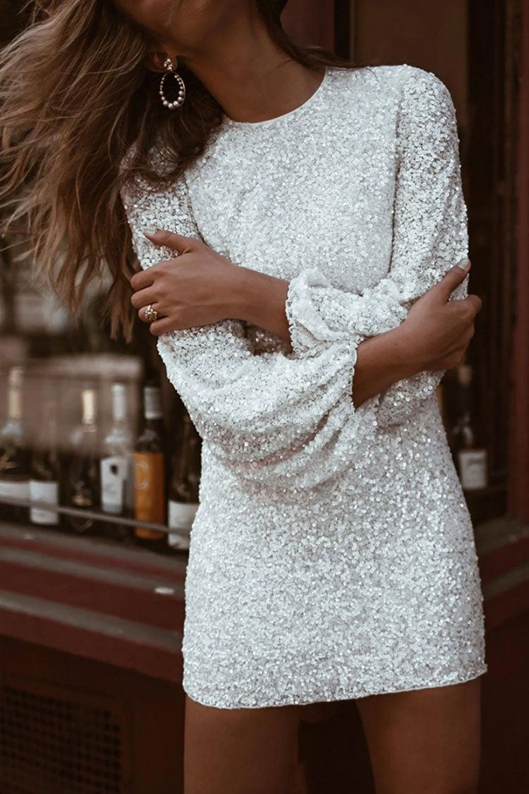 Women's Mini Dress White Sequin Long Sleeve Sheath