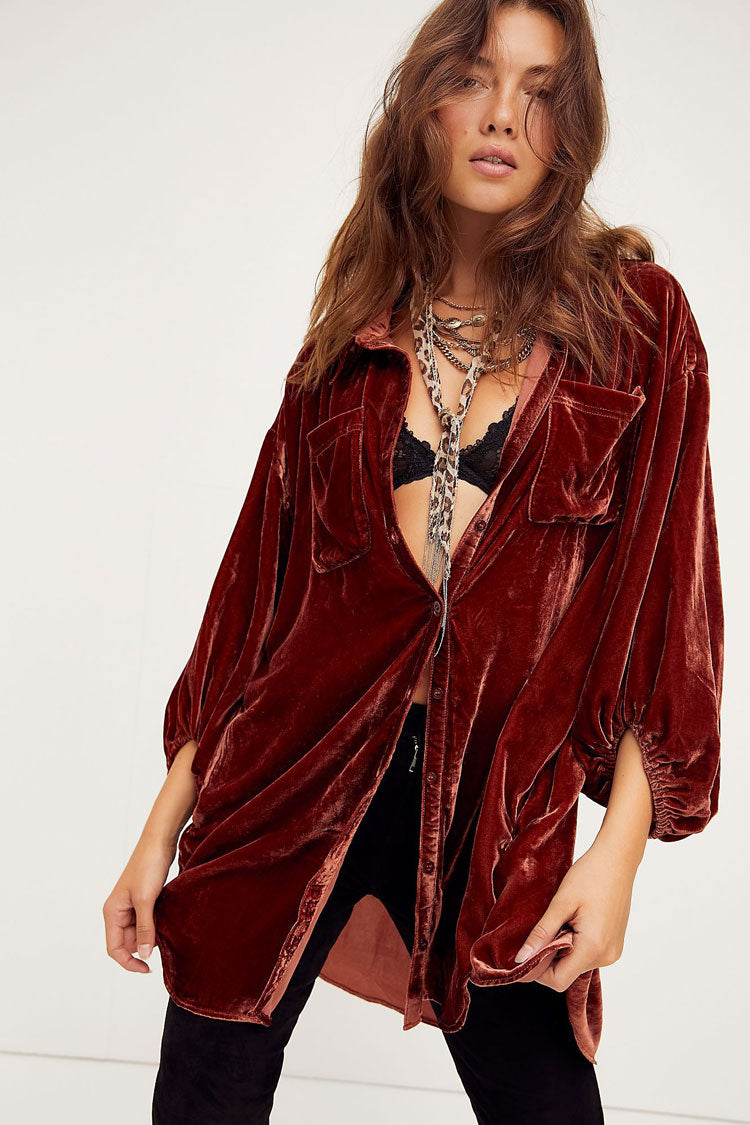 Women's Shirt Dress Rust Velvet High Low Vintage Bishop Sleeves