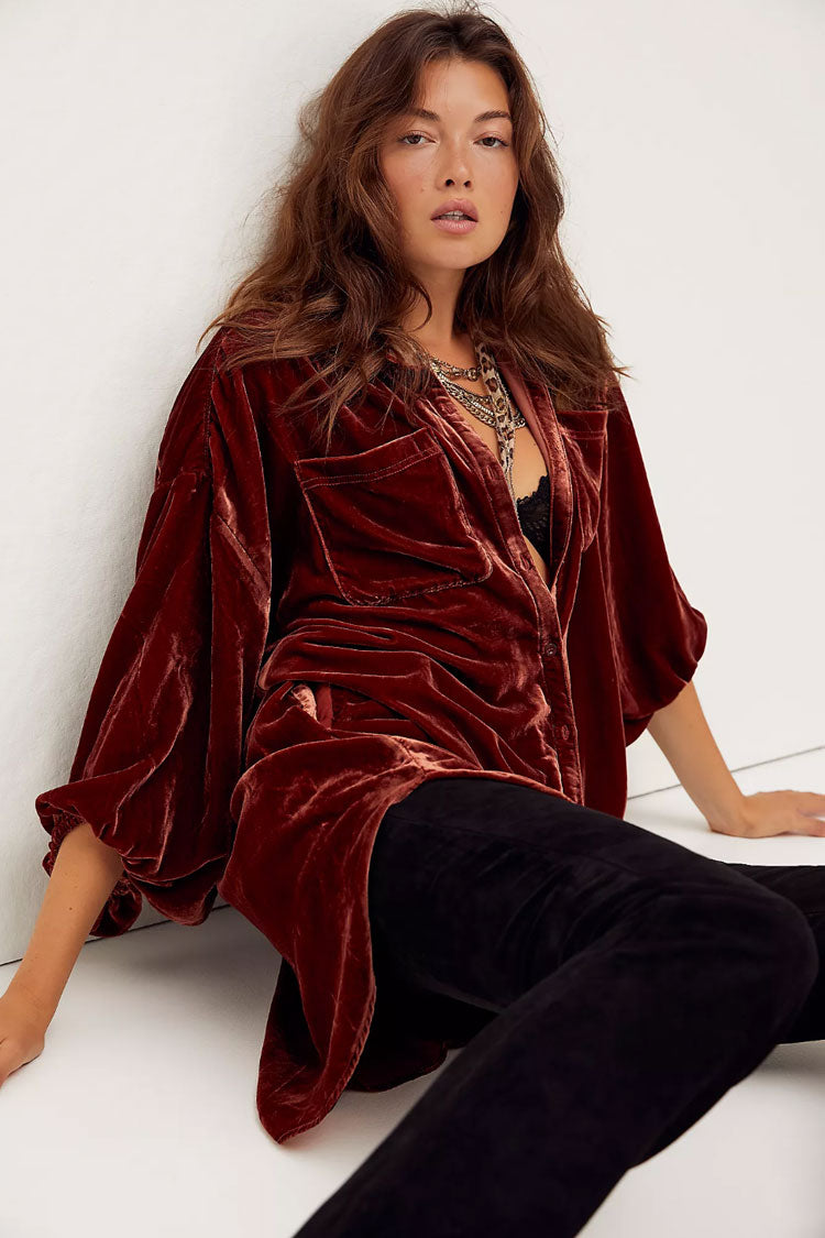 Women's Shirt Dress Rust Velvet High Low Vintage Bishop Sleeves