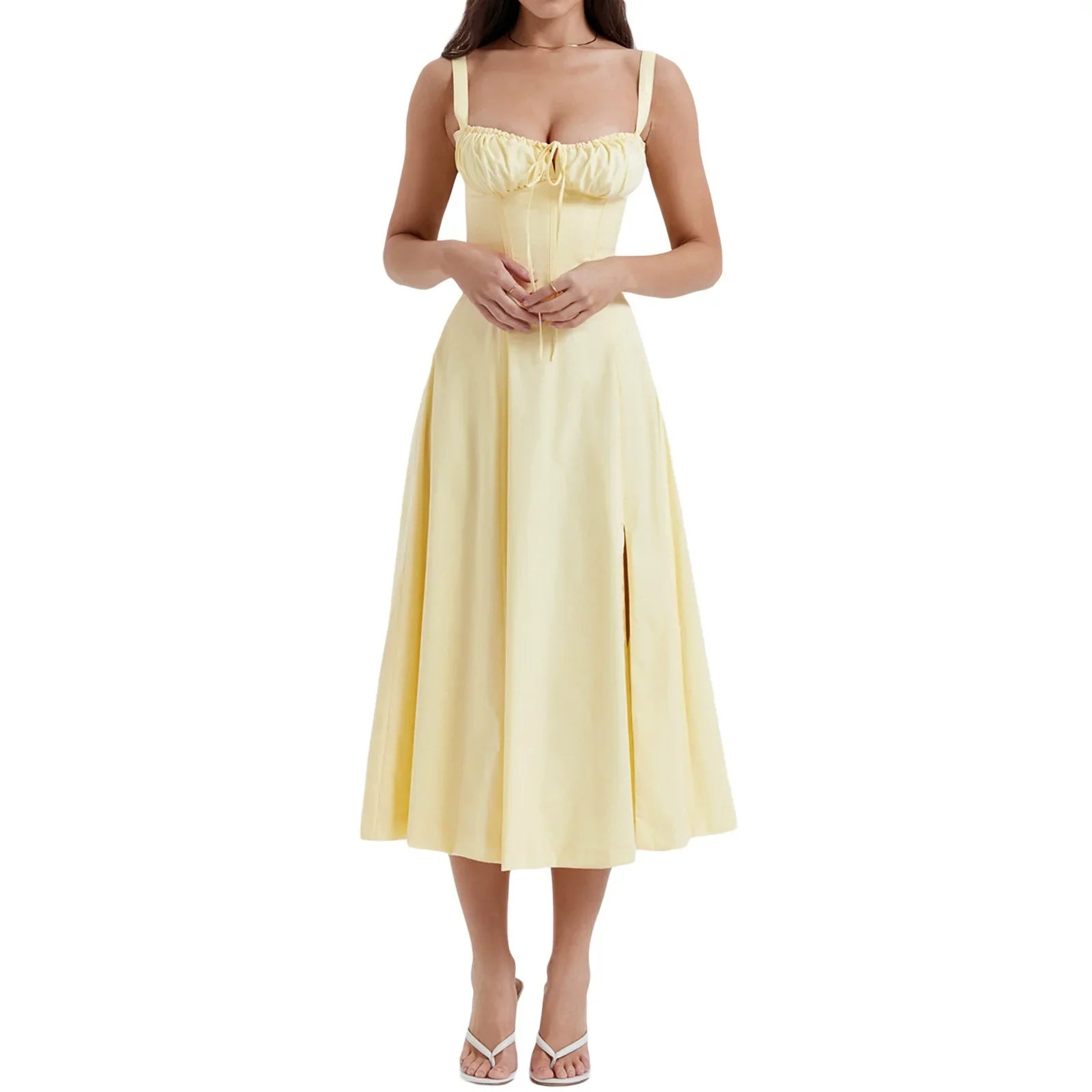 Women's Midi Dress Yellow Polyester Corset A-Line