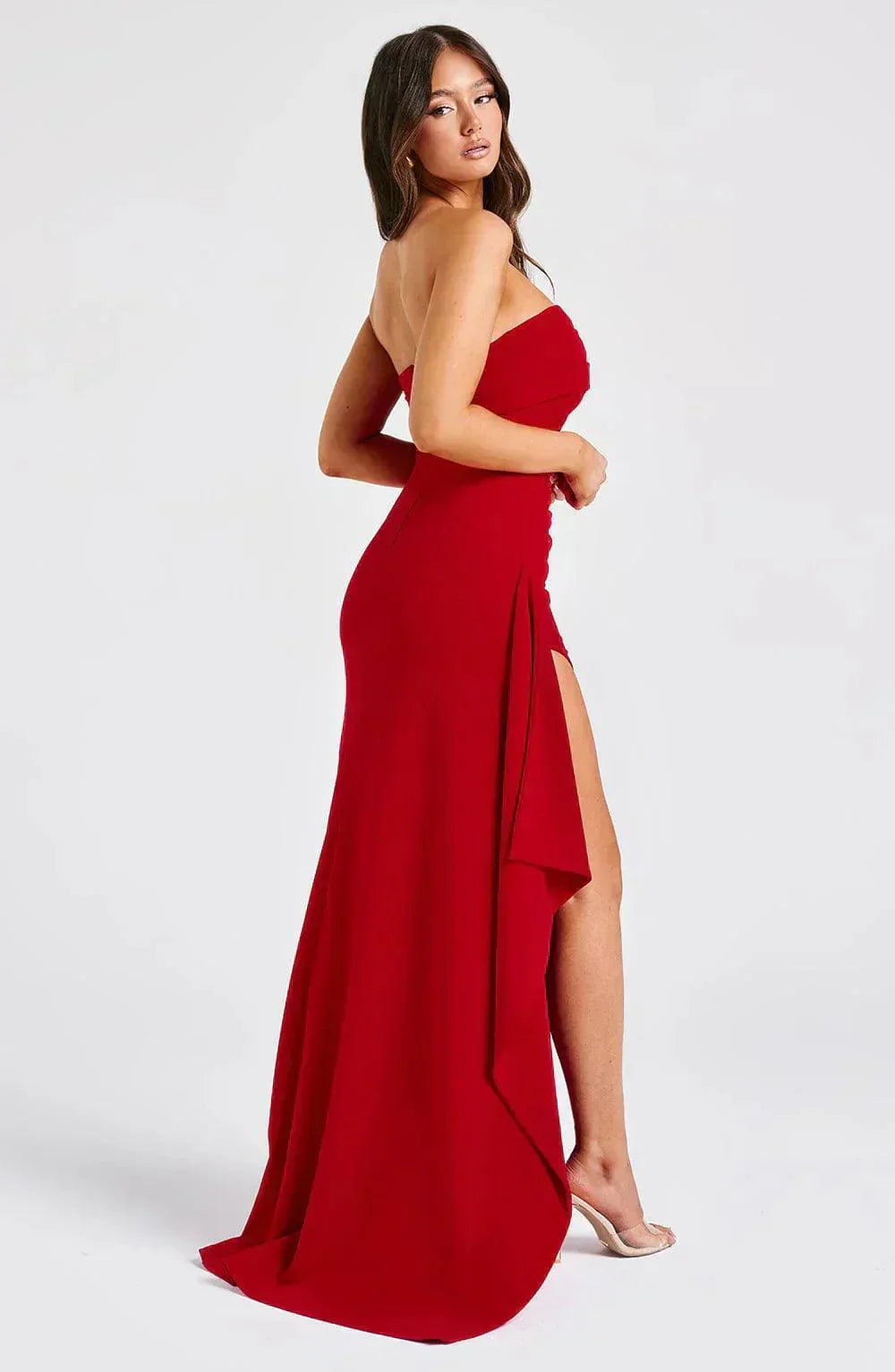 Women’s Formal Strapless Maxi Dress with Fitted Bodice and Thigh-High Slit
