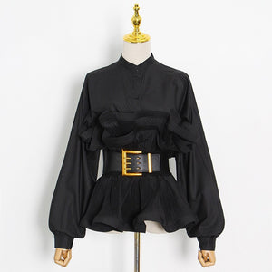 Ruffle Shirt For Women Stand Collar Long Sleeve Sashes