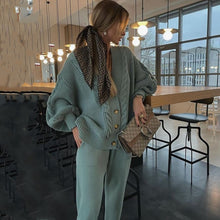 Load image into Gallery viewer, 2-piece knit set for women pattern v-neck cardigan + pants trousers knitted suit tracksuit
