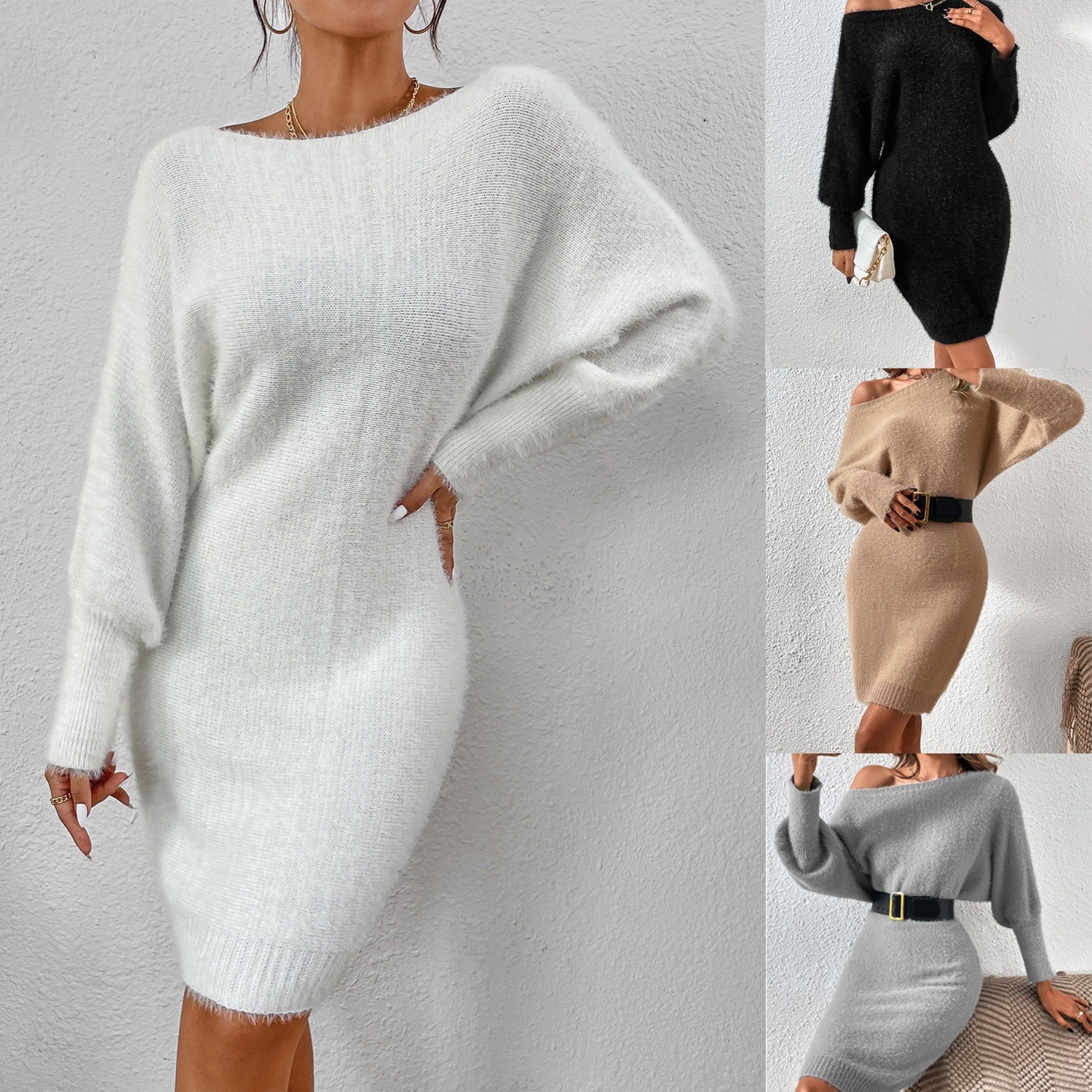 New Women's Spring And Summer Four Color One Neck Medium Long Sweater Dress