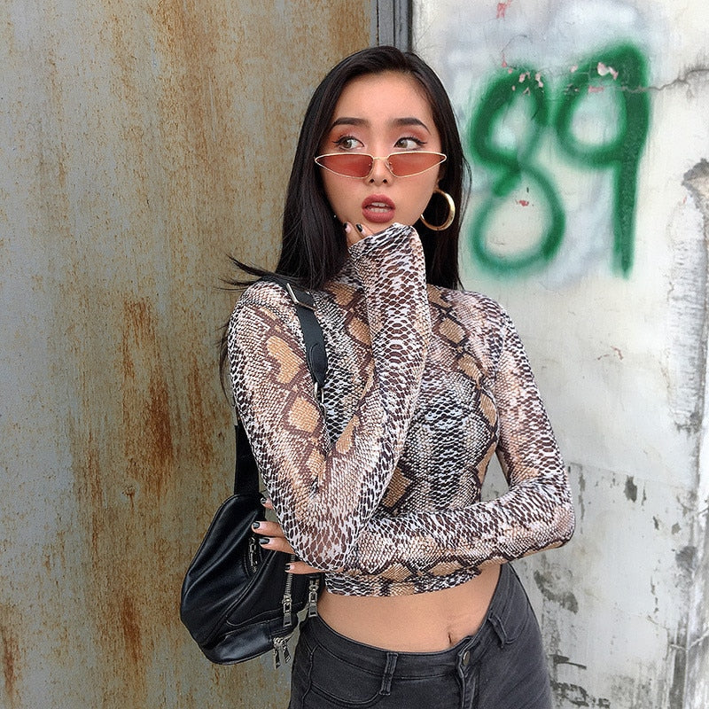 Casual Green Snake Print T Shirt Women Mesh Top Long Sleeve Transparent Snakeskin Female T-shirt High Neck Crop Tops