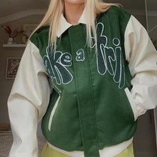 Load image into Gallery viewer, Bomber Jacket Women Green Contrast Sleeve PU Leather Coat Outerwear TAKE A TRIP Letter Applique Female Autumn Baseball Jackets
