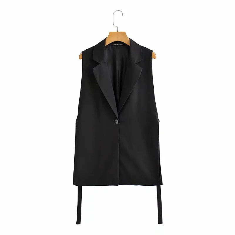 Women  Solid Colorloose Side Slit Temperament Loose One-Button Suit Collar Sleeveless Long Vest Streetwear Chic Tops