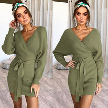 Load image into Gallery viewer, Dicloud sexy v neck sweater dress women knitted vestidos bandage bodycon hollow out wrap dress winter female party dresses
