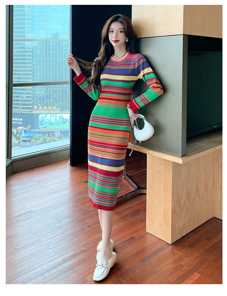 Women Fashion Colorful Rainbow Striped Knitting Sweater Dresses Sexy Bodycon Sheath Knee Length Winter Chic Dress