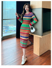 Load image into Gallery viewer, Women Fashion Colorful Rainbow Striped Knitting Sweater Dresses Sexy Bodycon Sheath Knee Length Winter Chic Dress
