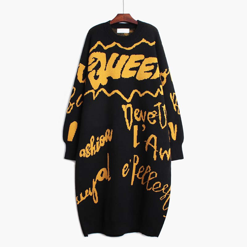 Women Printed Big Size Long Knitting Dress New Round Neck Long Sleeve Loose Fit Fashion Tide Autumn Winter  1DA783