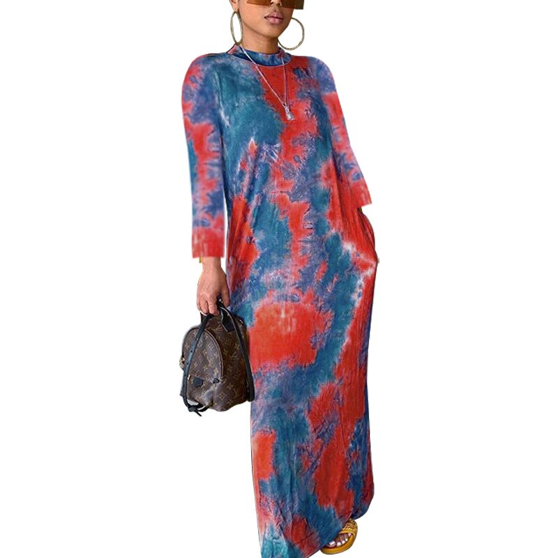 BAMBOOBOY Spring New Contrast Color Colorblock Long Sleeve Printed Loose Maxi Casual Dress ZL1206