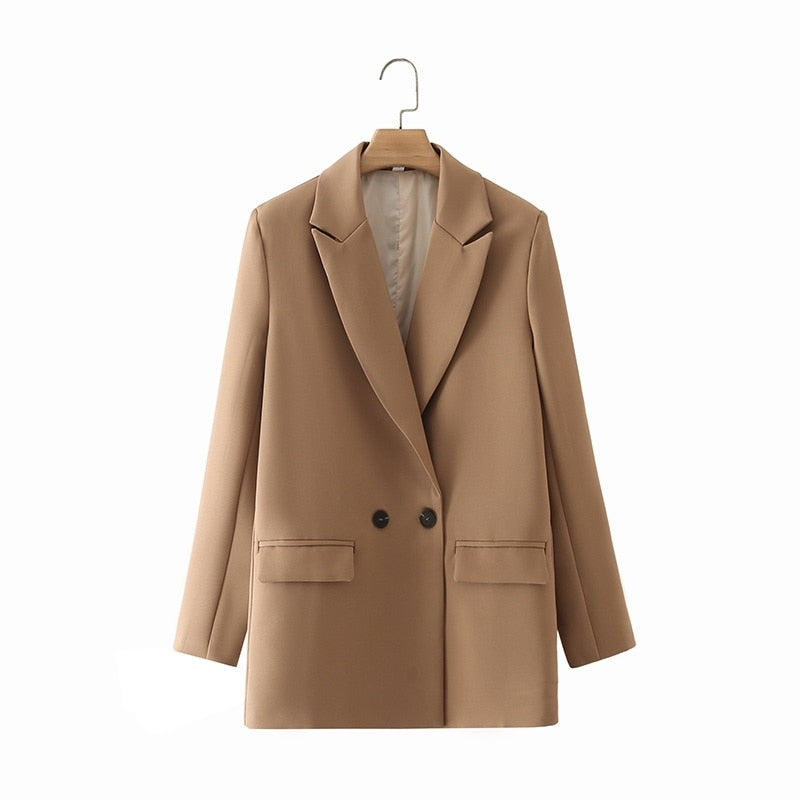 Women Khaki Blazer Coat Vintage Notched Collar Pocket Fashion Female Casual Chic Tops