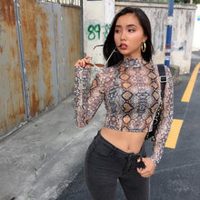 Load image into Gallery viewer, Casual Green Snake Print T Shirt Women Mesh Top Long Sleeve Transparent Snakeskin Female T-shirt High Neck Crop Tops
