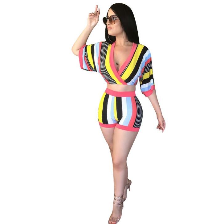 Sexy 2 Piece Set Women Stripe Tops+Bodycon Shorts Suit Casual Summer Outfits Plus Size