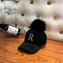 Load image into Gallery viewer, Fashion Faux fur ball baseball cap winter Faux seahorse hair Warm Cap For Women Rhinestone Diamond Letter Visor Hats
