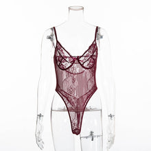 Load image into Gallery viewer, Cryptographic hot sale sheer lace bodysuit women backless transparent mesh bow sexy jumpsuit  catsuit straps bodysuits thong
