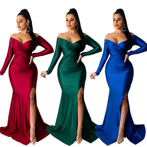 Women's Sexy Dress Nightclub V-neck Gift Dress Solid Color Large Split Length