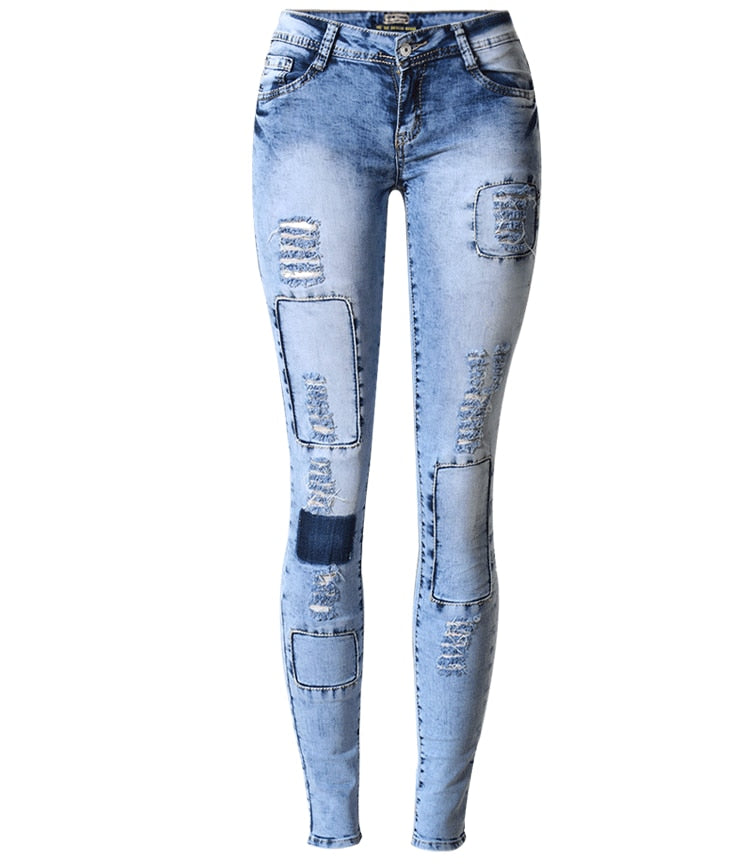 Summer Style Low Waist Sky Blue Patchwork Skinny Tights Women Pencil Jeans High Stretch Sexy Push Up Denim Women Fashion Jeans