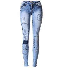 Load image into Gallery viewer, Summer Style Low Waist Sky Blue Patchwork Skinny Tights Women Pencil Jeans High Stretch Sexy Push Up Denim Women Fashion Jeans
