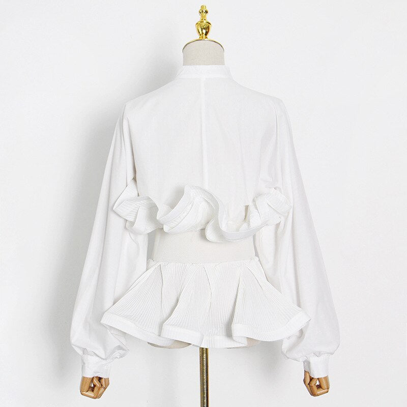 Ruffle Shirt For Women Stand Collar Long Sleeve Sashes