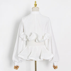 Ruffle Shirt For Women Stand Collar Long Sleeve Sashes