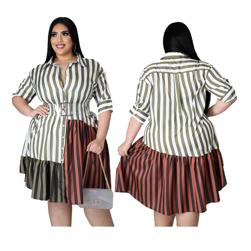 Plus Size Clothing for Women Dress Wholesale  Fashion Streetwear Patchwork Striped Office Lady Shirts Midi Dresses Dropshipping