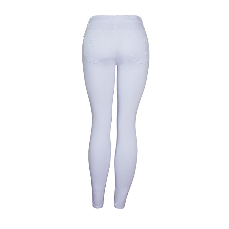 Women's Popular Slim Solid Color White Ripped Pencil Pants High Waist Slim Pencil Pants