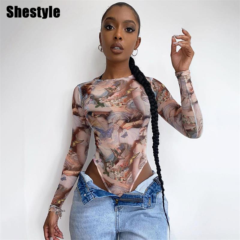 Shestyle Butterfly Angel Printed Bodysuits Women Bodycon Slim Sexy Round-neck New Arrivals Overalls Body Open Crotch Lady