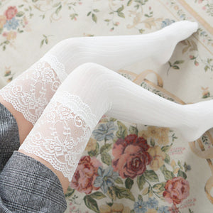 Japanese and Korean New Lace Knee Socks Spring and Autumn Cotton Vertical Stripe Stockings Non slip High thigh Stockings