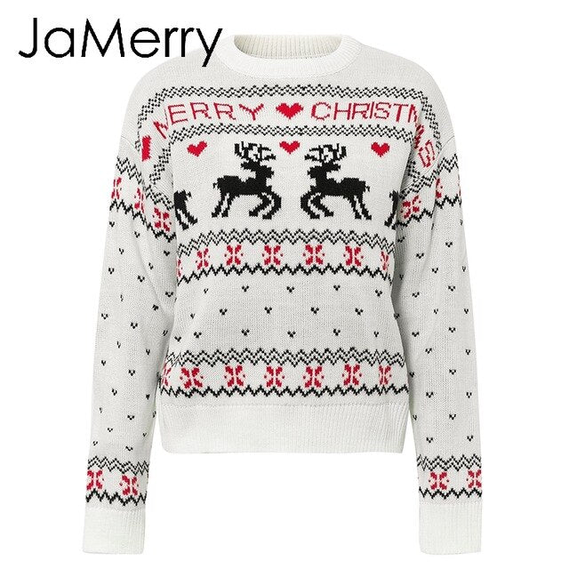 JaMerry Vintage merry christmas sweaters women long sleeve Autumn winter deer print knitted female pullover Chic top jumper