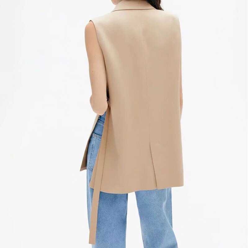 Women  Solid Colorloose Side Slit Temperament Loose One-Button Suit Collar Sleeveless Long Vest Streetwear Chic Tops