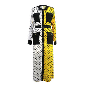 Yellow Black Pathwork Chiffon Polka Dot Maxi Slit Dress Long Sleeve with Sashes Pocket Retro Summer Tunic Robes Femme Covers