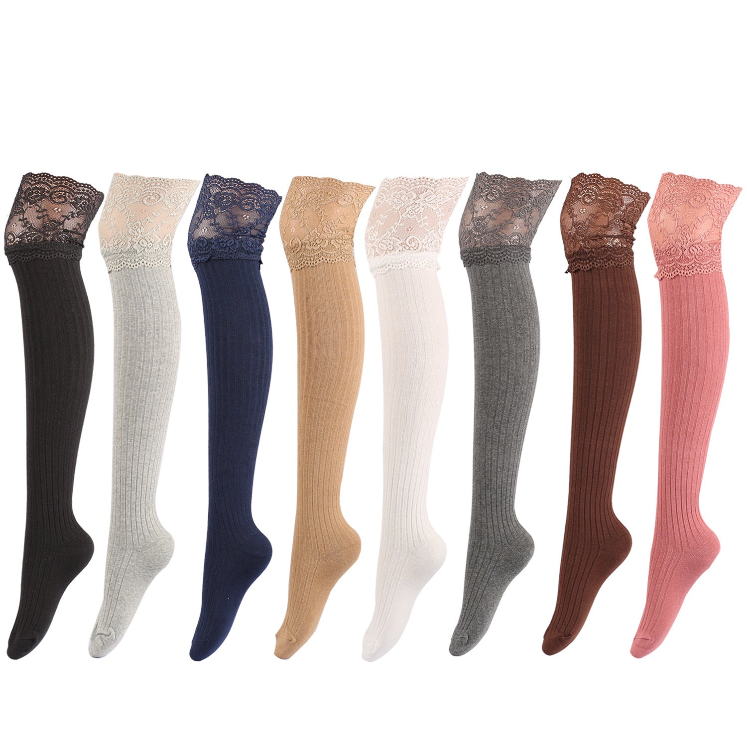 Japanese and Korean New Lace Knee Socks Spring and Autumn Cotton Vertical Stripe Stockings Non slip High thigh Stockings