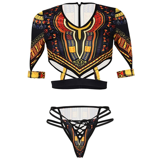 African Short Sleeve Swimsuit Dashiki Print Bikini Set Bikinis Women Thong Swimwear Female Plus Size Swimsuits Bathing Suit