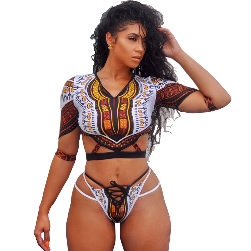 African Short Sleeve Swimsuit Dashiki Print Bikini Set Bikinis Women Thong Swimwear Female Plus Size Swimsuits Bathing Suit