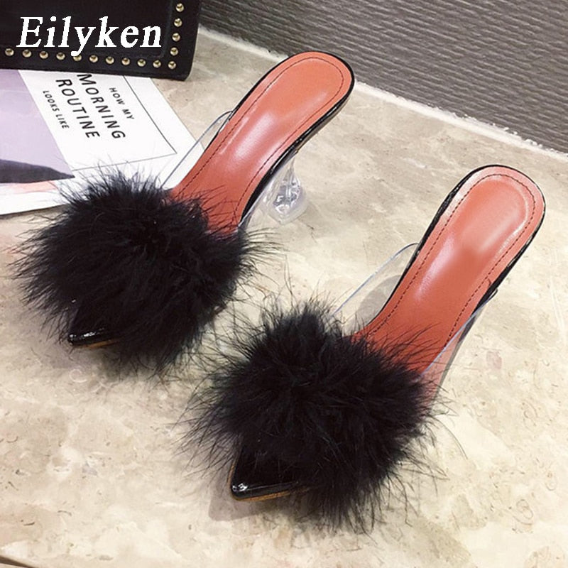 Summer Woman Pumps PVC Transparent Feather Perspex Crystal High Heels Fur Peep Toe Mules Slippers Ladies Slides Shoes