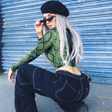 Load image into Gallery viewer, Casual Green Snake Print T Shirt Women Mesh Top Long Sleeve Transparent Snakeskin Female T-shirt High Neck Crop Tops
