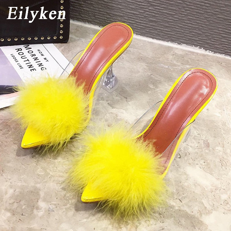 Summer Woman Pumps PVC Transparent Feather Perspex Crystal High Heels Fur Peep Toe Mules Slippers Ladies Slides Shoes