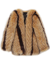 Load image into Gallery viewer, Fashion Women's Faux Fur Coat Stripe Pockets V-neck Loose Long Sleeve Mixed Color Jackets Female Winter New
