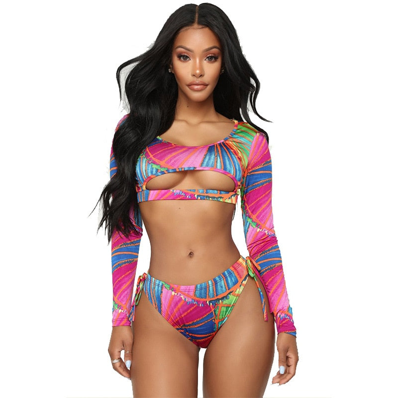 High Cut Swimsuit Two Piece Bathing Suit Women African Print Long Sleeves Swimwear Cut Out Beach Tribal Thong Bikini