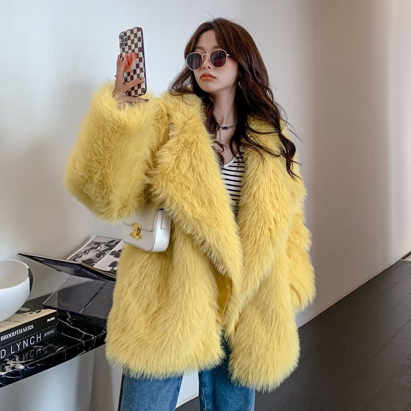 Fashion Women's Faux Fur Coat Lapel Loose Covered Button Long Sleeve Thick Warm Khaki Coat Female Winter