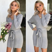 Load image into Gallery viewer, Dicloud sexy v neck sweater dress women knitted vestidos bandage bodycon hollow out wrap dress winter female party dresses
