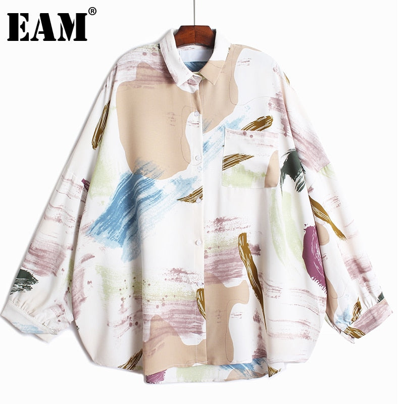 Women White Big Size Printed Pocket Blouse New Lapel Long Sleeve Loose Fit Shirt Fashion Tide Spring Summmer  1DD8214