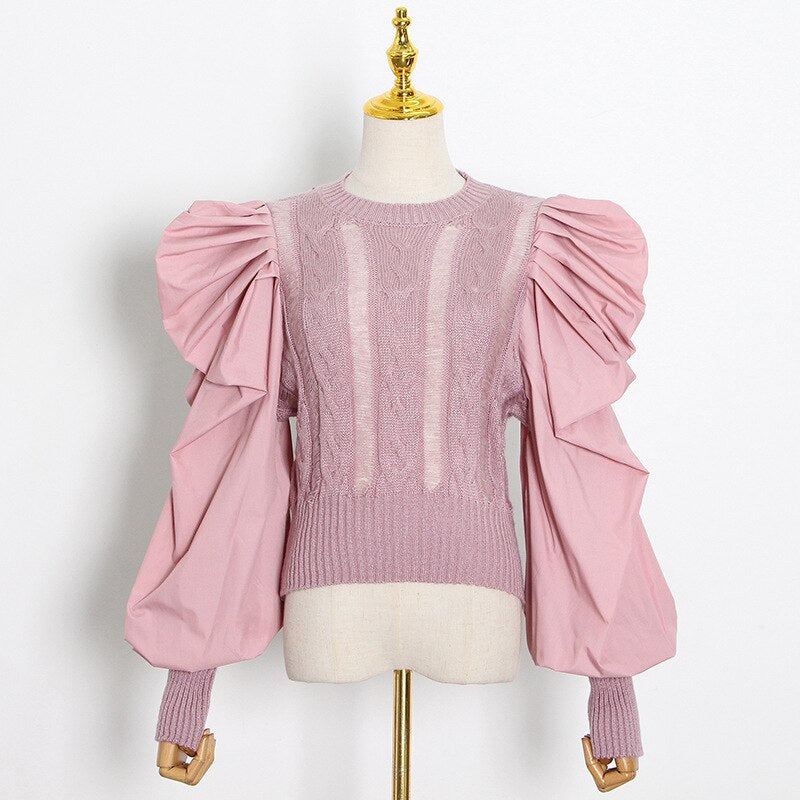 Runway Heavy Crafts Pleated Zou Puff Sleeves O-Neck Knit Sweater Pullover Ladies Autumn Hollow Fashion Sexy Vintage Top Clothes