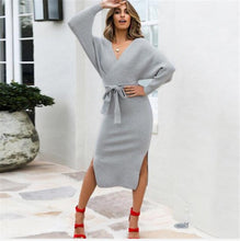 Load image into Gallery viewer, New Sexy Autumn V Neck With Cross Belt Sweater Knitted Women Dress Split Slim Winter Long Sleeve Elegant Ladies Z343
